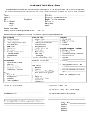 Massage - Health History Form
