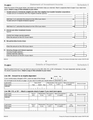 5000-S4-5 T1 General 2011 - Schedule 4 - Statement of Investment Income - Schedule 5 - Details of Dependant - Common to all - Newfoundland and Labrador