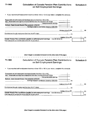 5010-S9 Schedule 9 - British Columbia - T1 General 1993 - Calculation of Canada pension plan contributions on self-employment earnings