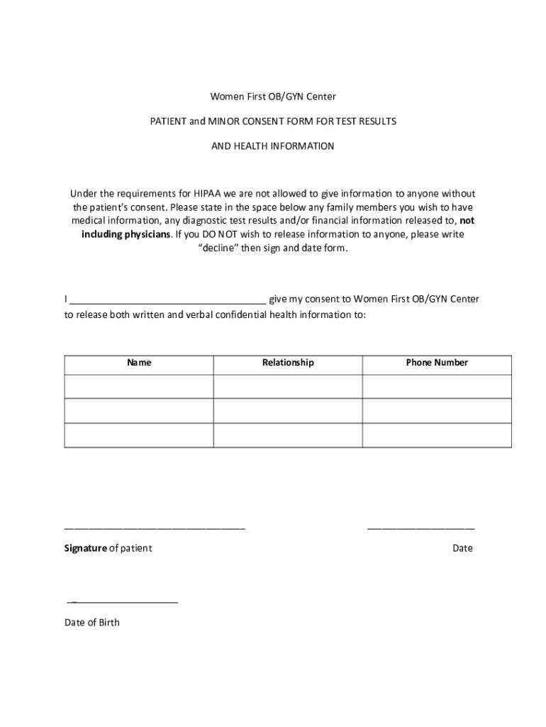 Fillable Online Women First OB/GYN Center PATIENT and MINOR CONSENT ...