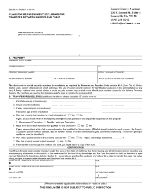 California Claim for Reassessment Exclusion for Transfer Between Parent and Child