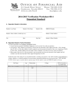 2014-2015 Verification Worksheet D-1