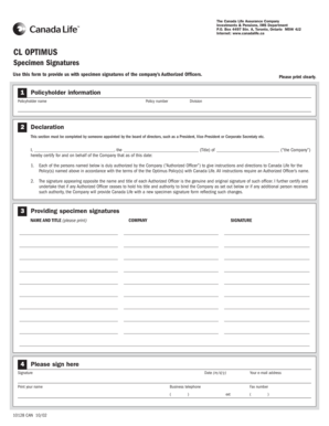 Canada Life Specimen Signatures Form