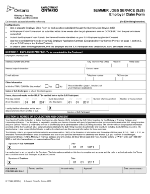 Ontario Summer Jobs Service Employer Claim Form