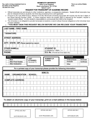 Request for Transcript of Academic Record