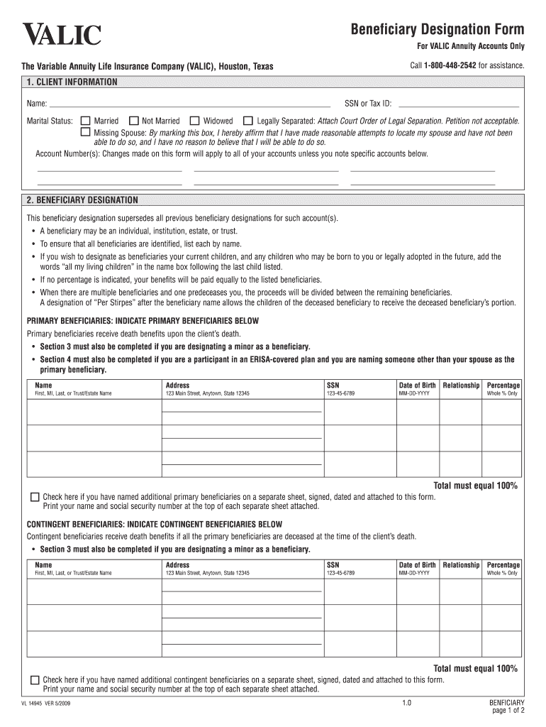 VALIC Beneficiary Designation Form - Paulding County, GA Preview on Page 1.