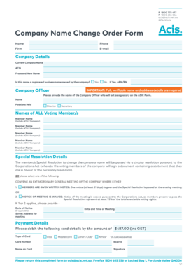 Company Name Change Order Form