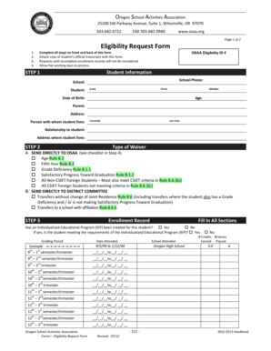 Oregon School Activities Association Eligibility Request Form