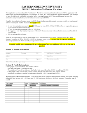 Eastern Oregon University Verification Worksheet