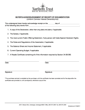 Buyer's Acknowledgment of Receipt of Documentation