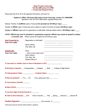 Saint Francis University Transcript Request Form