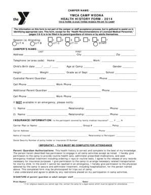 YMCA Camp Weona Health History Form