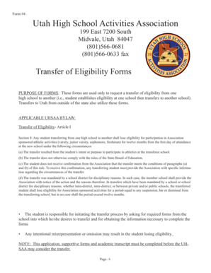 Utah High School Activities Association Transfer of Eligibility Form