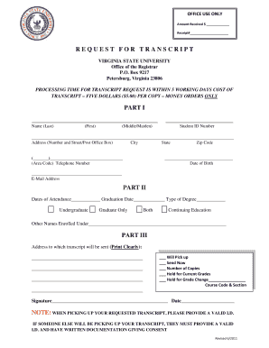 Virginia State University Transcript Request Form