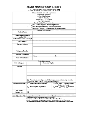 Marymount University Transcript Request Form