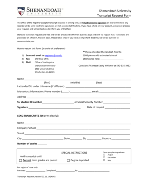 Shenandoah University Transcript Request Form