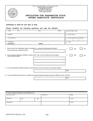 Washington Intern Substitute Certificate Application