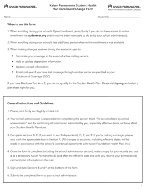 Kaiser Permanente Student Health Plan Enrollment Form