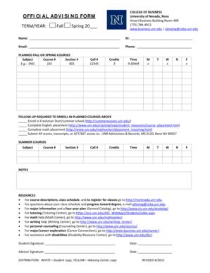 University of Nevada Reno College of Business Advising Form