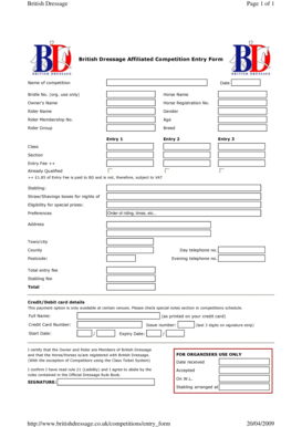 British Dressage Competition Entry Form