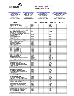 Girl Scout Cadette Shop Order Form