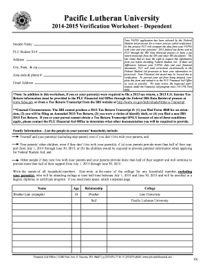 2014-2015 Verification Worksheet - Dependent
