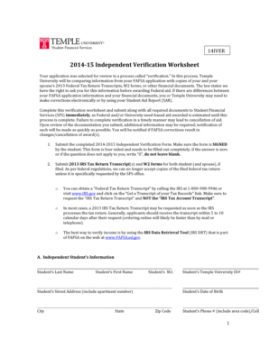 2014-15 Independent Verification Worksheet