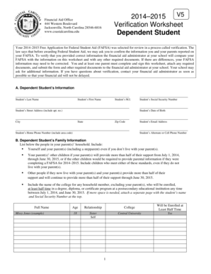 2014–2015 Dependent Student Verification Worksheet