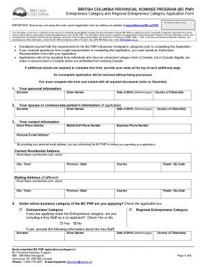 British Columbia Entrepreneur Category Application Form