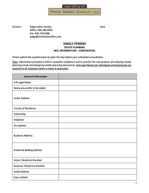 Estate Planning Will Information Form