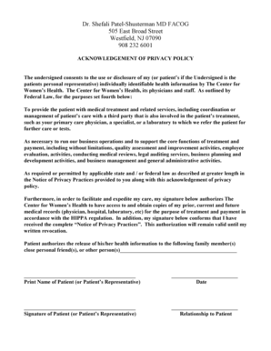 Acknowledgement of Privacy Policy