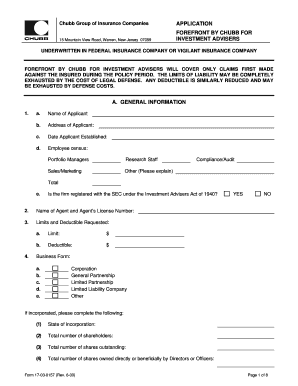 Chubb Investment Advisers Insurance Application