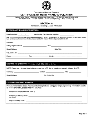 National Safety Council Certificate of Merit Award Application