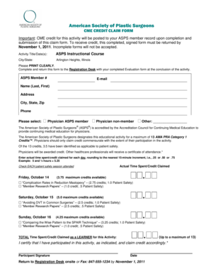 ASPS CME Credit Claim Form