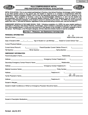 PIAA Comprehensive Initial Pre-Participation Physical Evaluation