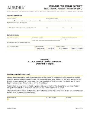Request for Direct Deposit / EFT, form 1704 - Aurora National Life ...