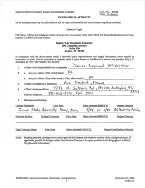Biographical Affidavit for Insurance Company