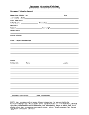 Newspaper Obituary Information Worksheet