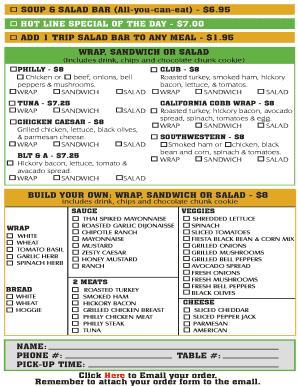 Restaurant Menu Order Form