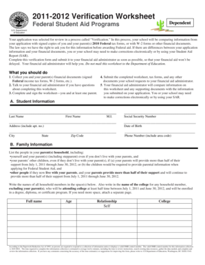 2011-2012 Verification Worksheet for Federal Student Aid