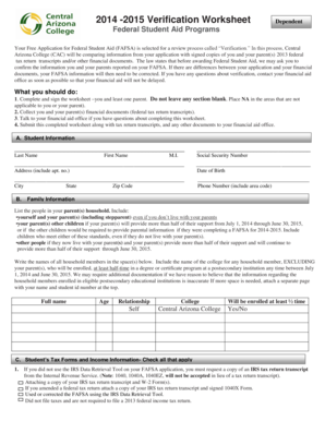 2014-2015 Verification Worksheet Dependent