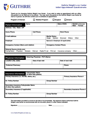 Guthrie Weight Loss Center Patient Intake Form