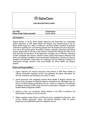 JOB DESCRIPTION FORM Job Title: Home Health Intake Specialist ...