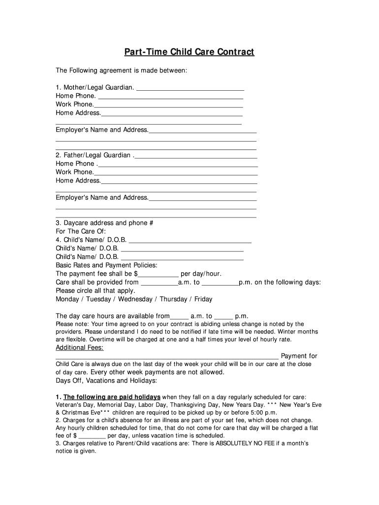 Fillable Online mwvcaa PartTime Child Care Contract mwvcaa Fax Email