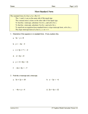 Algebra I Standard Form Worksheet