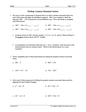 Finding Common Monomial Factors Worksheet