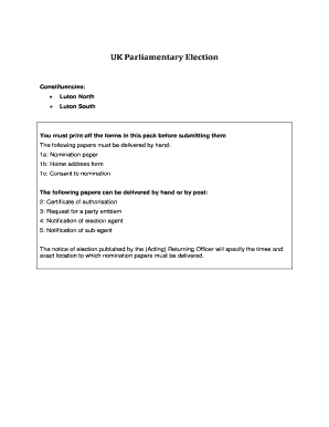 UK Parliamentary Election Nomination Form