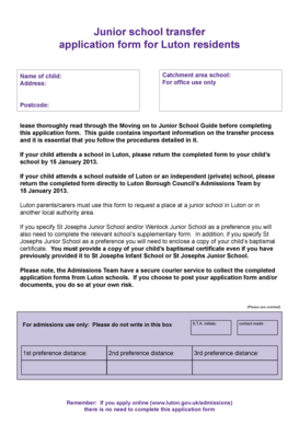 Junior School Transfer Application Form for Luton Residents