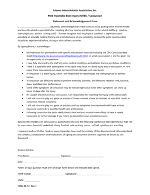 Arizona MTBI Concussion Statement and Acknowledgement Form