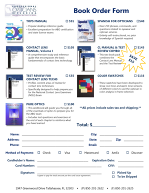 Book Order Form for Optician Study Materials